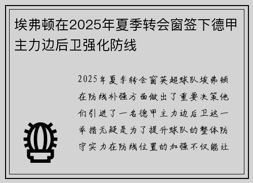 埃弗顿在2025年夏季转会窗签下德甲主力边后卫强化防线