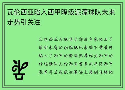 瓦伦西亚陷入西甲降级泥潭球队未来走势引关注